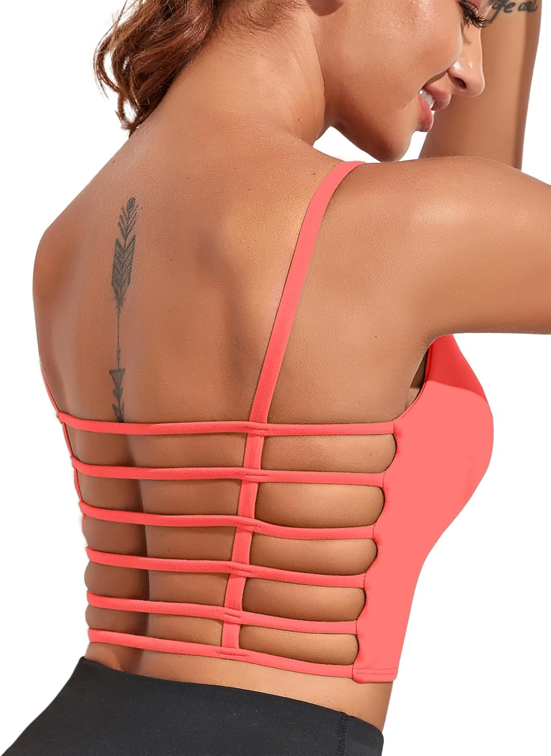 Strappy Sports Bras for Women High Support Open Back Workout Tops Longline Tank Top with Built in Bra Yoga Crop Bras