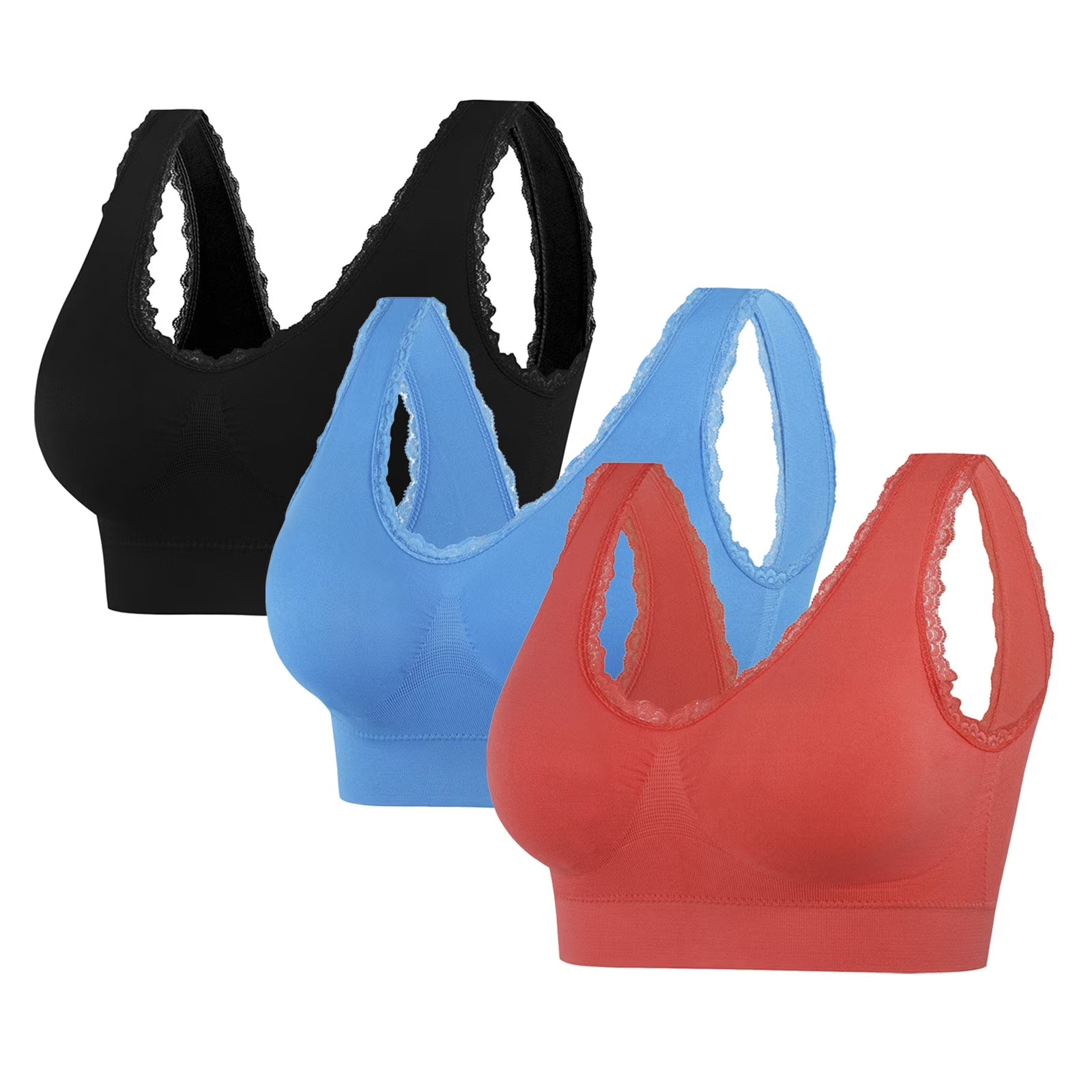 Women'S Sports Bra 3 Pcs Seamless Lace Wirefree Yoga Breathable Comfortable Thin Sportswear for Women Watermelon Red Exercise Bra Size L