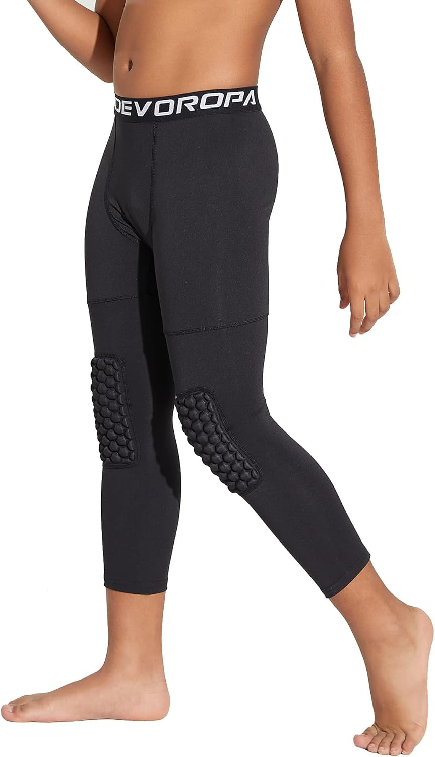 Youth Boys' Compression Pants with Knee Pads 3/4 Basketball Athletic Tights Quick Dry Sports Workout Leggings