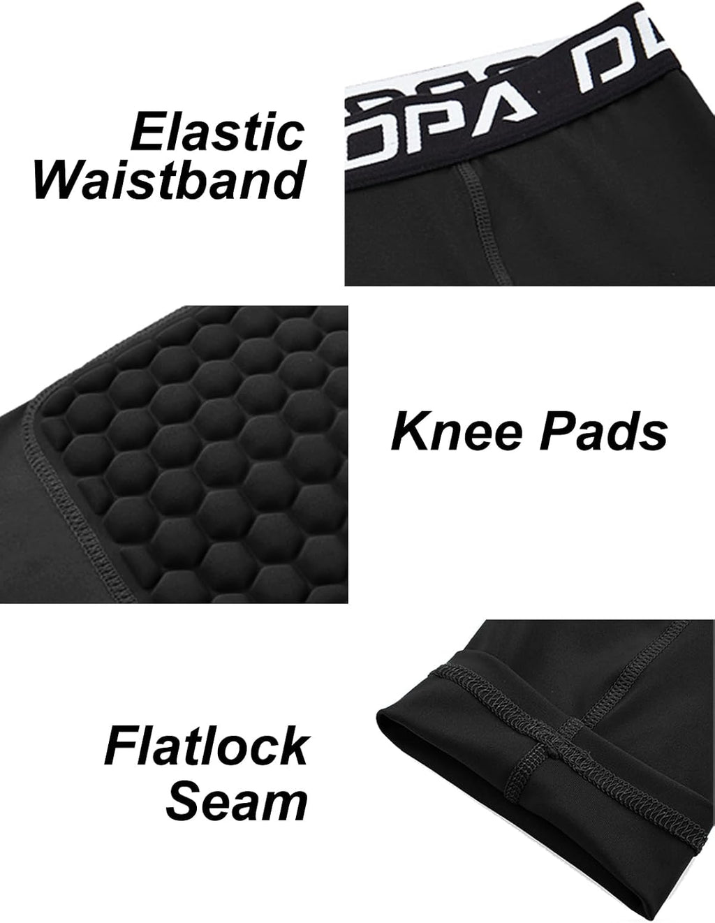 Youth Boys' Compression Pants with Knee Pads 3/4 Basketball Athletic Tights Quick Dry Sports Workout Leggings