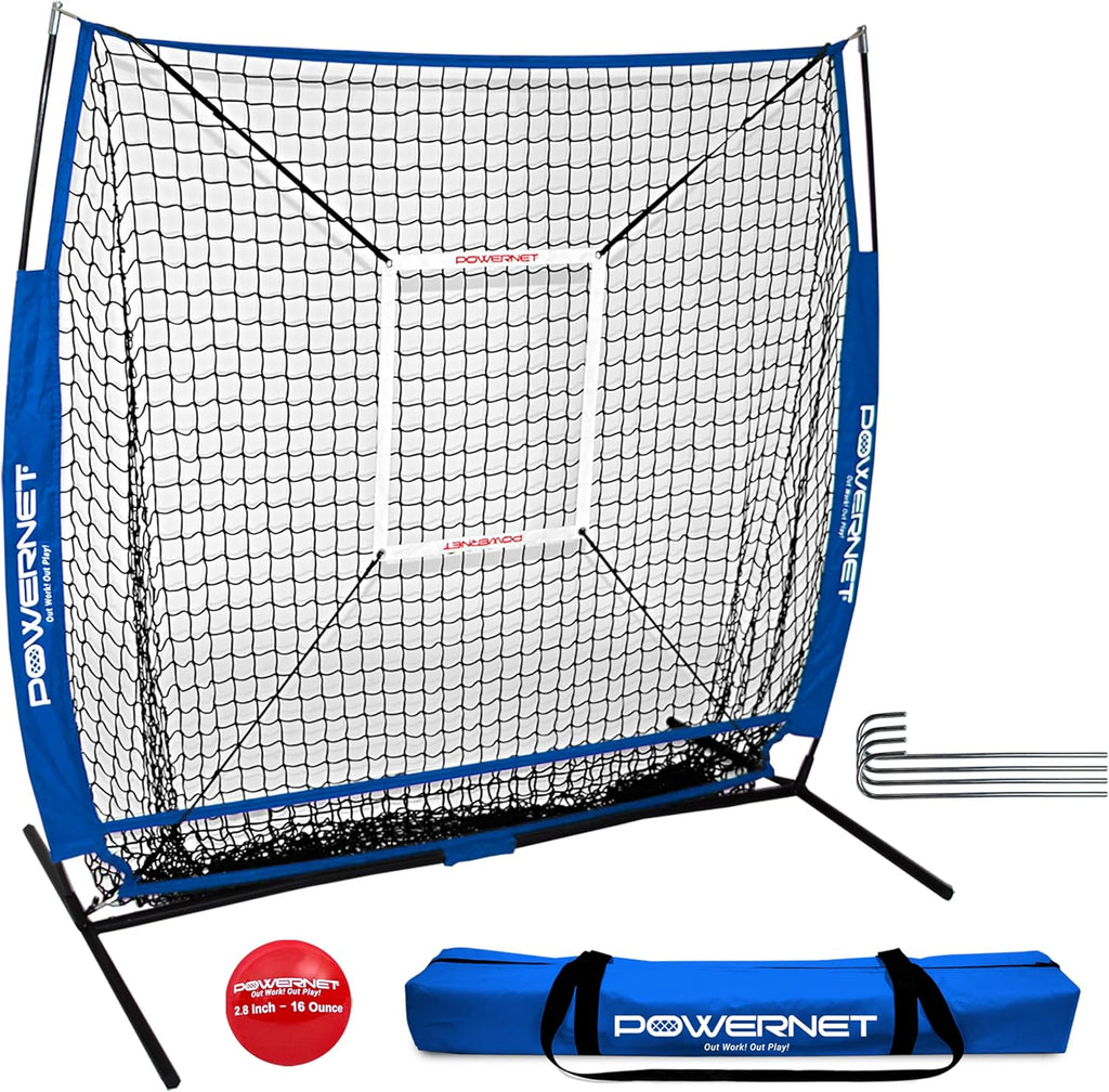 Baseball Bundle, 5X5 FT Hitting and Pitching Net, Portable Softball & Baseball Training Equipment, Weighted Ball & Carry Bag (Royal Blue Net)