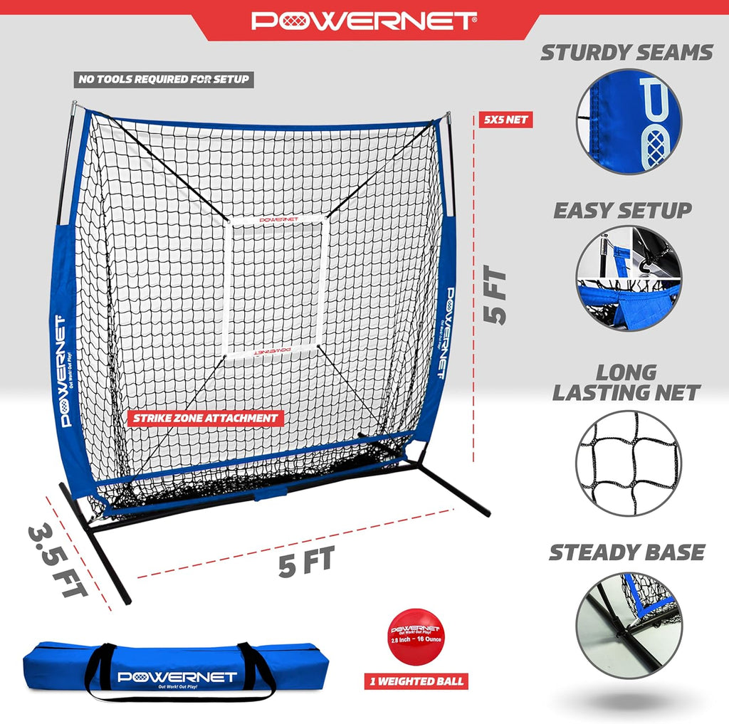 Baseball Bundle, 5X5 FT Hitting and Pitching Net, Portable Softball & Baseball Training Equipment, Weighted Ball & Carry Bag (Royal Blue Net)
