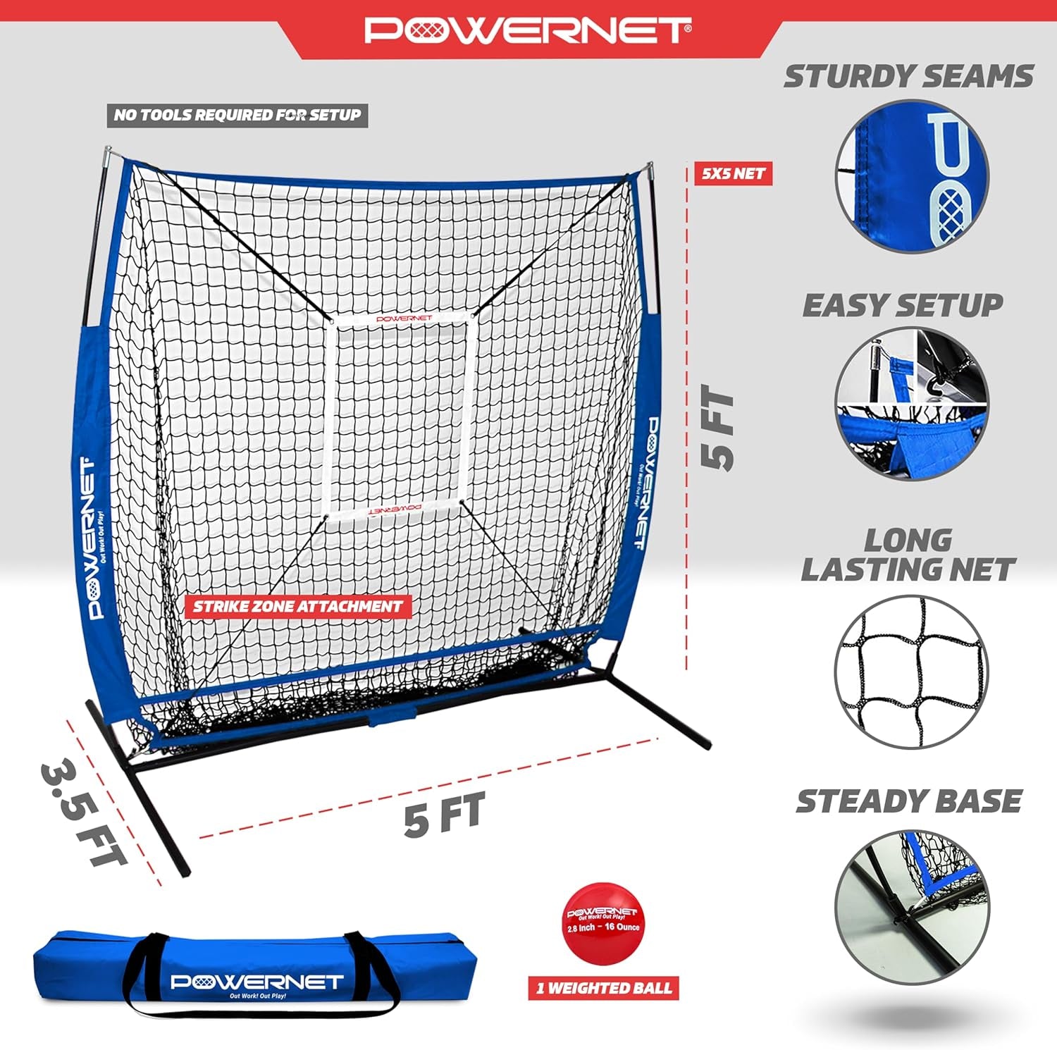 Baseball Bundle, 5X5 FT Hitting and Pitching Net, Portable Softball & Baseball Training Equipment, Weighted Ball & Carry Bag (Royal Blue Net)